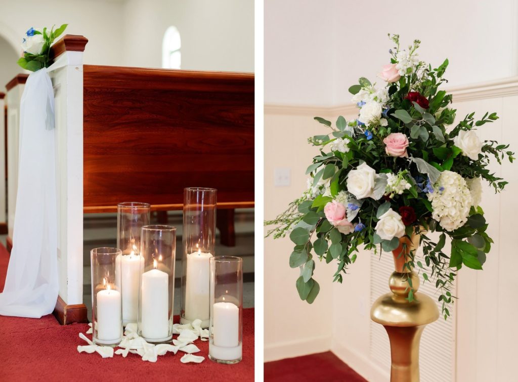 Traditional Tampa Church Wedding Ceremony with Wood Pews and White Ribbon Aisle Markers with Candles | Alter Floral Arrangement with Blush Pink and White Roses and Hydrangea with Eucalyptus Greenery on Gold Stand by Tampa Wedding Florist Monarch Events and Design