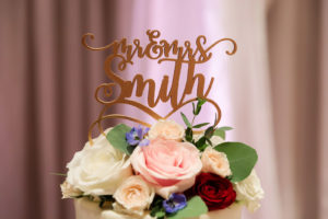 Die Cut Gold Last Name Wedding Cake Topper with Fresh Flowers White and Blush Pink and Red Roses