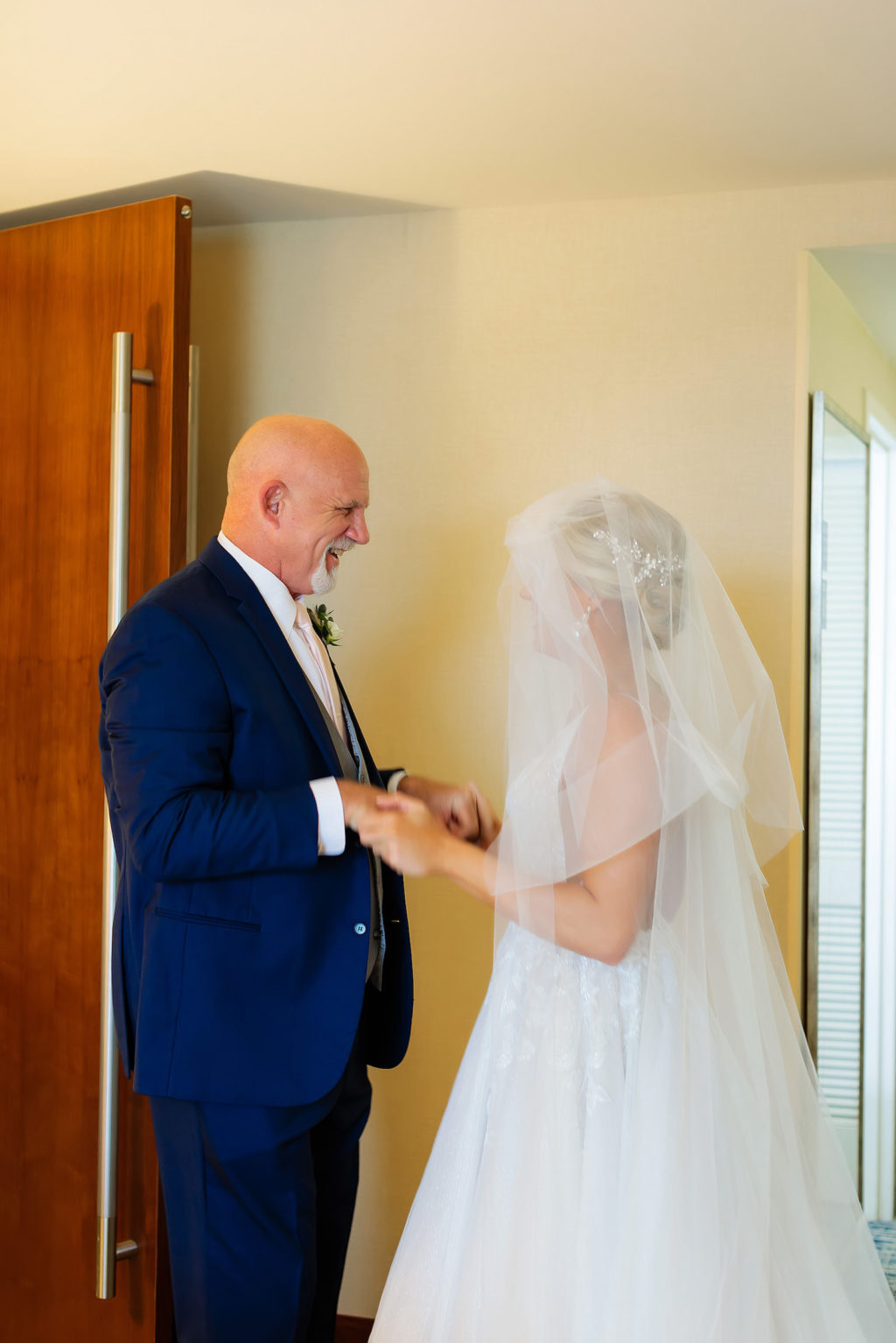 Bride and Dad Father First Look | Father of the Bride wearing Classic Blue Suit