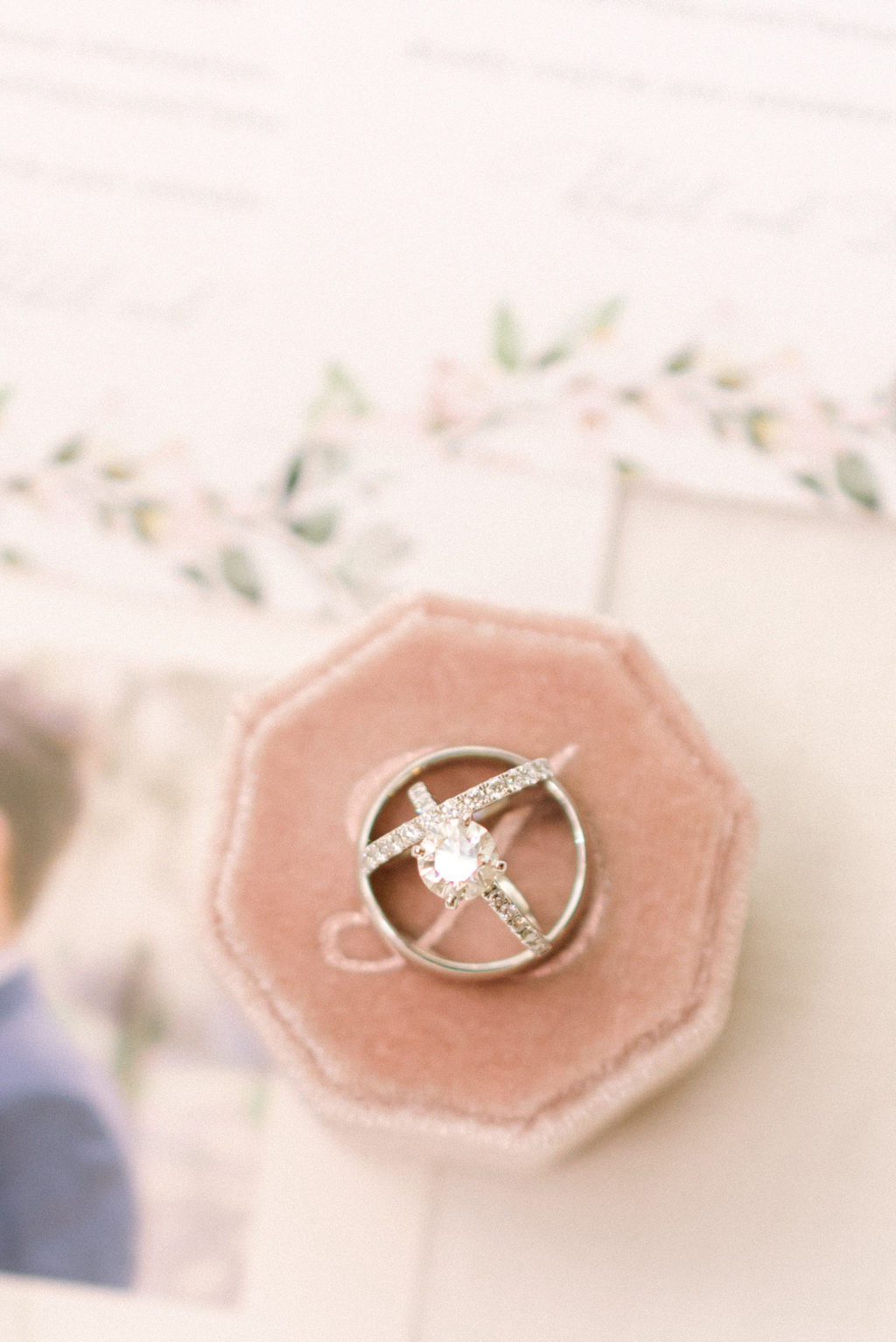 Round Solitaire Diamond Engagement Ring, Mr. and Mrs. Wedding Bands on Blush Pink Velvet Ring Box