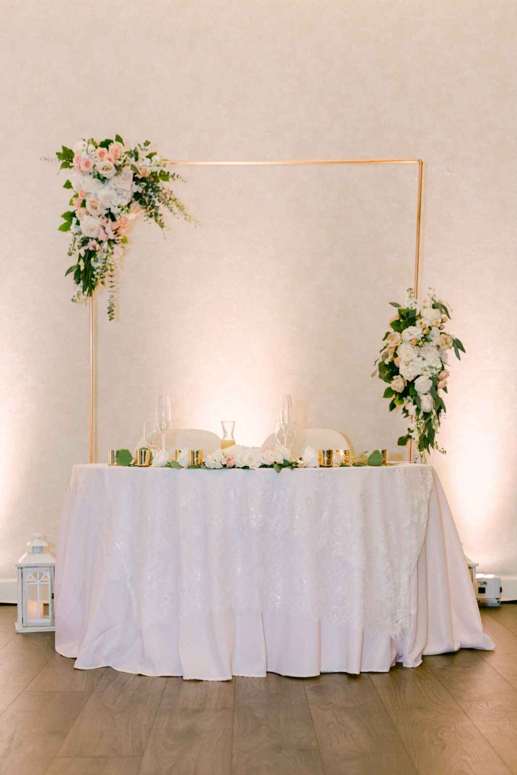 Romantic Classic Wedding Reception Decor, Gold Arch with Ivory and Blush Pink Floral Arrangements