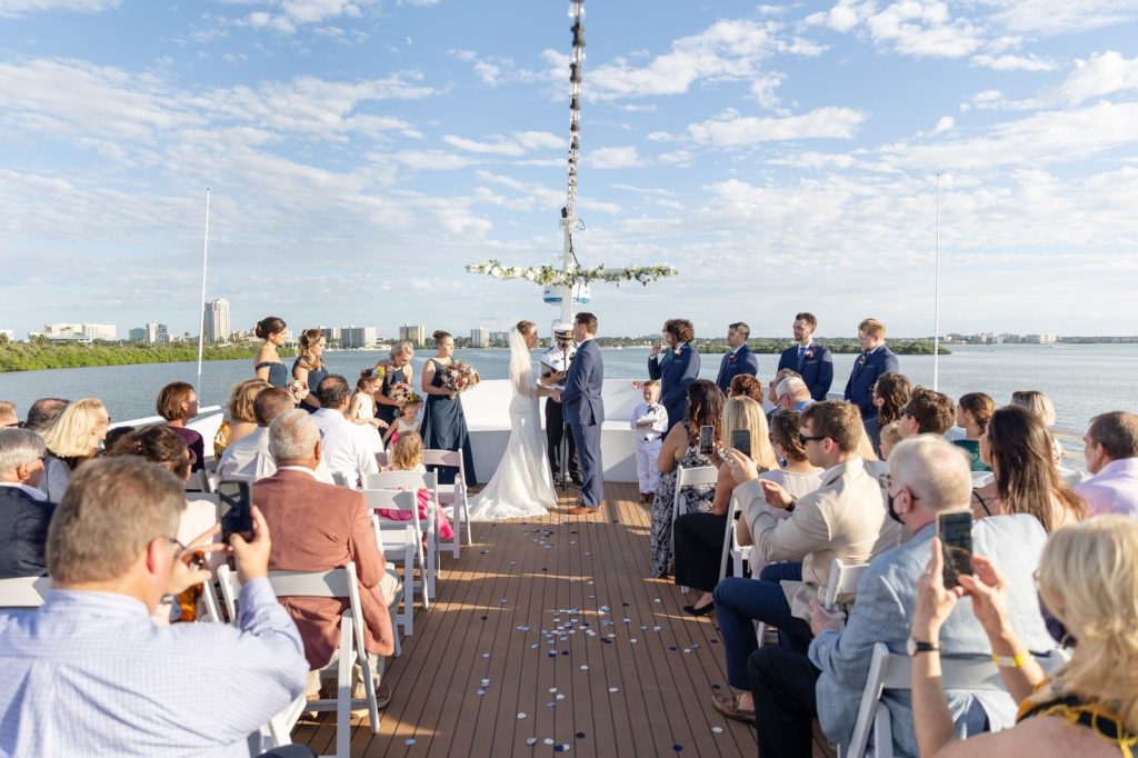Wedding Ceremony on Ship Deck of Florida Nautical Wedding Venue | Yacht StarShip Clearwater | Wedding Guests with Cell Phones