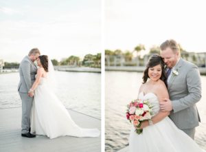 Florida Bride in Strapless A-Line Wedding Dress Holding Pink, White Roses Floral Bouquet and Groom Waterfront Photo | Tampa Bay Wedding Hair and Makeup Adore Bridal