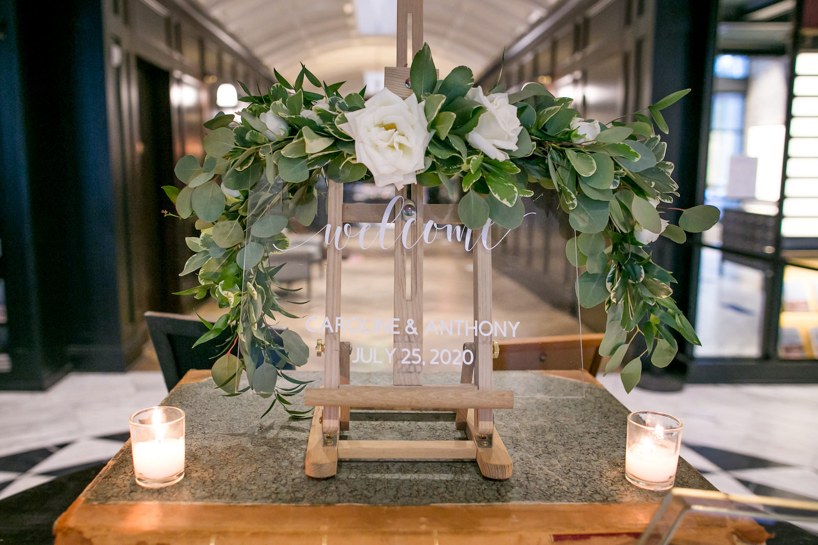 Wedding Welcome Sign Acrylic Clear with White Calligraphy on Wood Easel with Greenery Garland