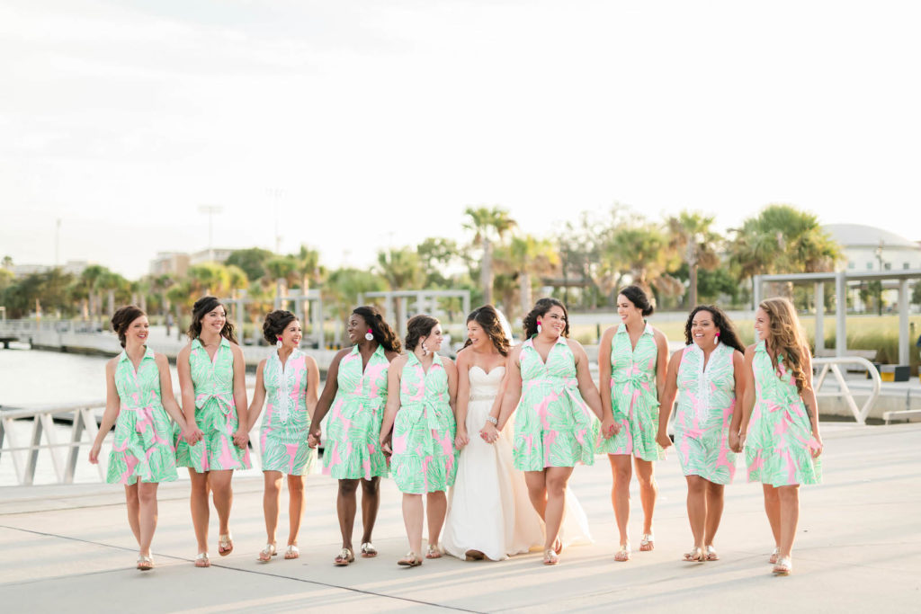 Tampa Bay Bride in Strapless A-Line Wedding Dress with Bridesmaids in Tropical Green and Pink Short Dresses | Wedding Hair and Makeup Adore Bridal | Blogger Girl Meets Bow