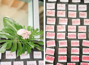 Tropical Wedding Reception Decor, Monstera Palm Leaf, Pink Watercolor Seating Cards on Wood Board | Tampa Bay Wedding Planner Coastal Coordinating