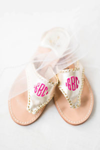 Gold Sandals with Pink Monogram Casual Wedding Shoes