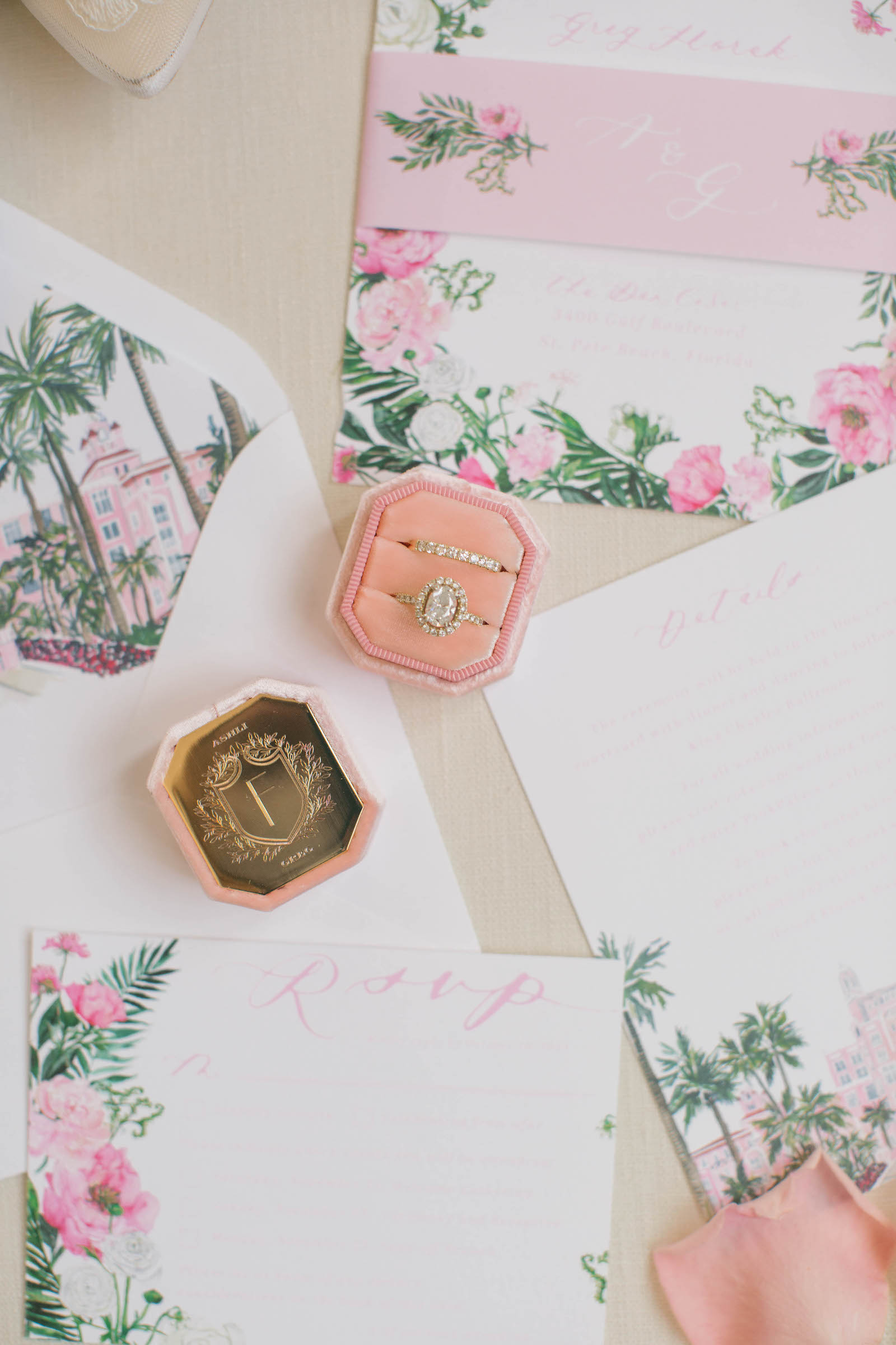 Engagement Ring in Pink Velvet Ring Box, Pink Floral Watercolor Wedding Invitation