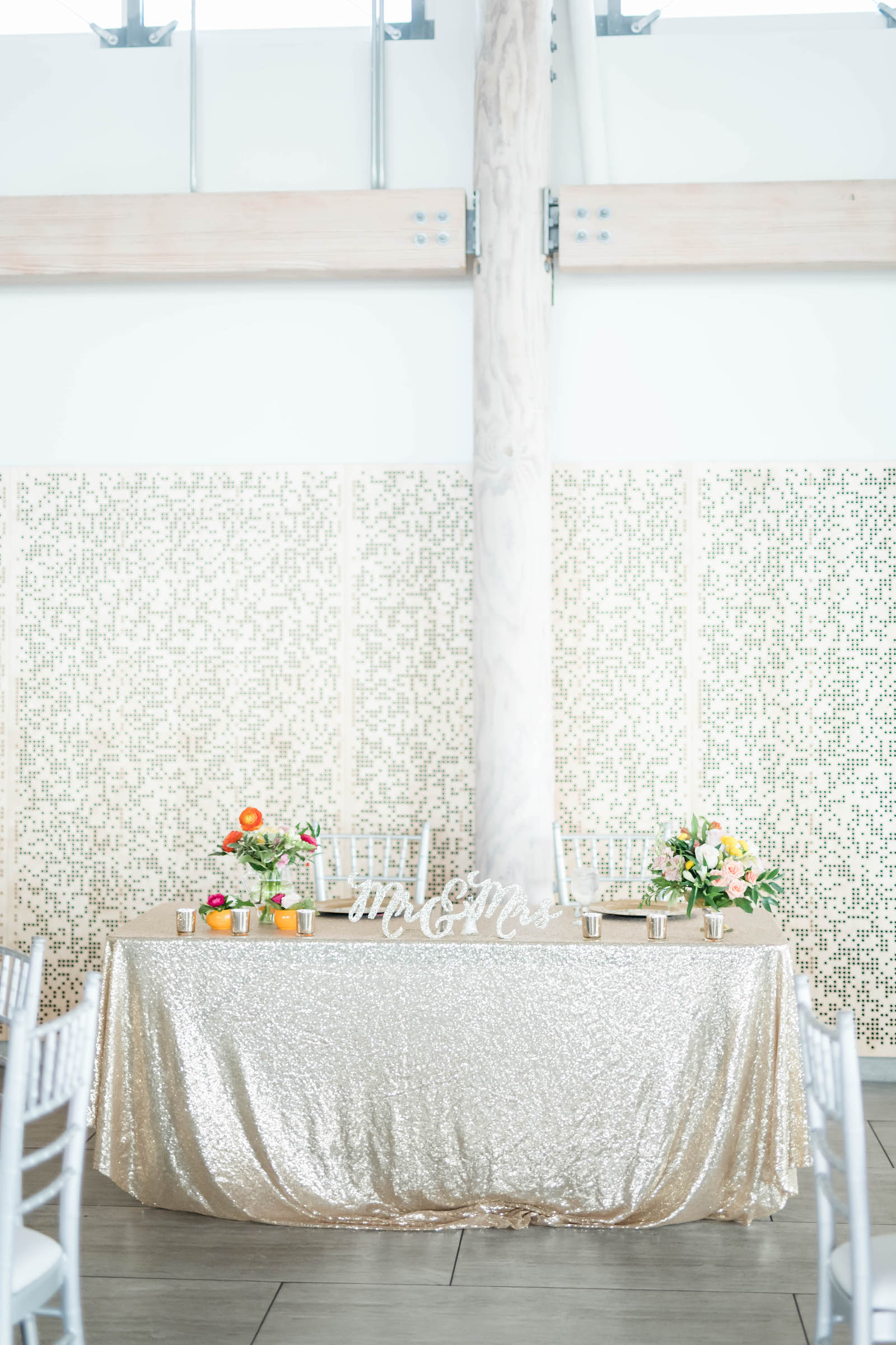 Tropical Elegant Wedding Reception Decor, Sweetheart Table with Gold Glitter Linen, Mr and Mrs Sign and Colorful Flower Bouquets | Tampa Bay Wedding Planner Coastal Coordinating