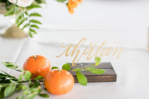Tropical Wedding Reception Decor, Tangerine Oranges and Acrylic with Gold Script Table Number | Tampa Bay Wedding Planner Coastal Coordinating