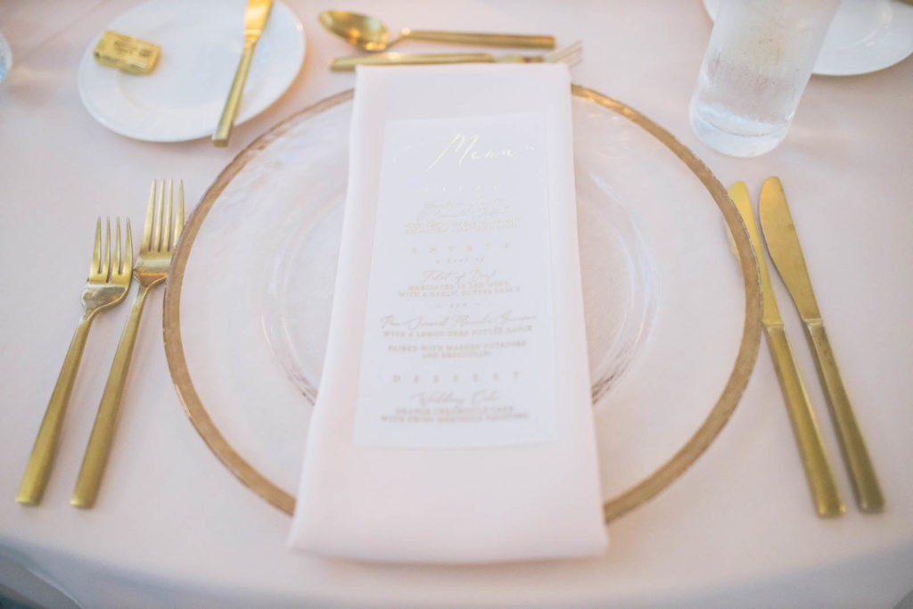 Elegant Wedding Reception Decor, Gold Rimmed Charger and Flatware | Tampa Bay Wedding Planner Parties A'la Carte | Wedding Rentals A Chair Affair