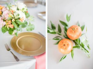 Tropical Wedding Reception Decor, Tangerine Oranges| Gold Charger with Pink Linen Napkin, Colorful Floral Bouquet with Pink, White and Orange Flowers | Tampa Bay Wedding Planner Coastal Coordinating