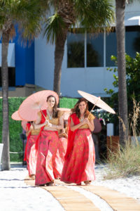 Tampa Clearwater Beach Indian Wedding Bridal Party with Coral Pink Sari and Parasol Umbrellas