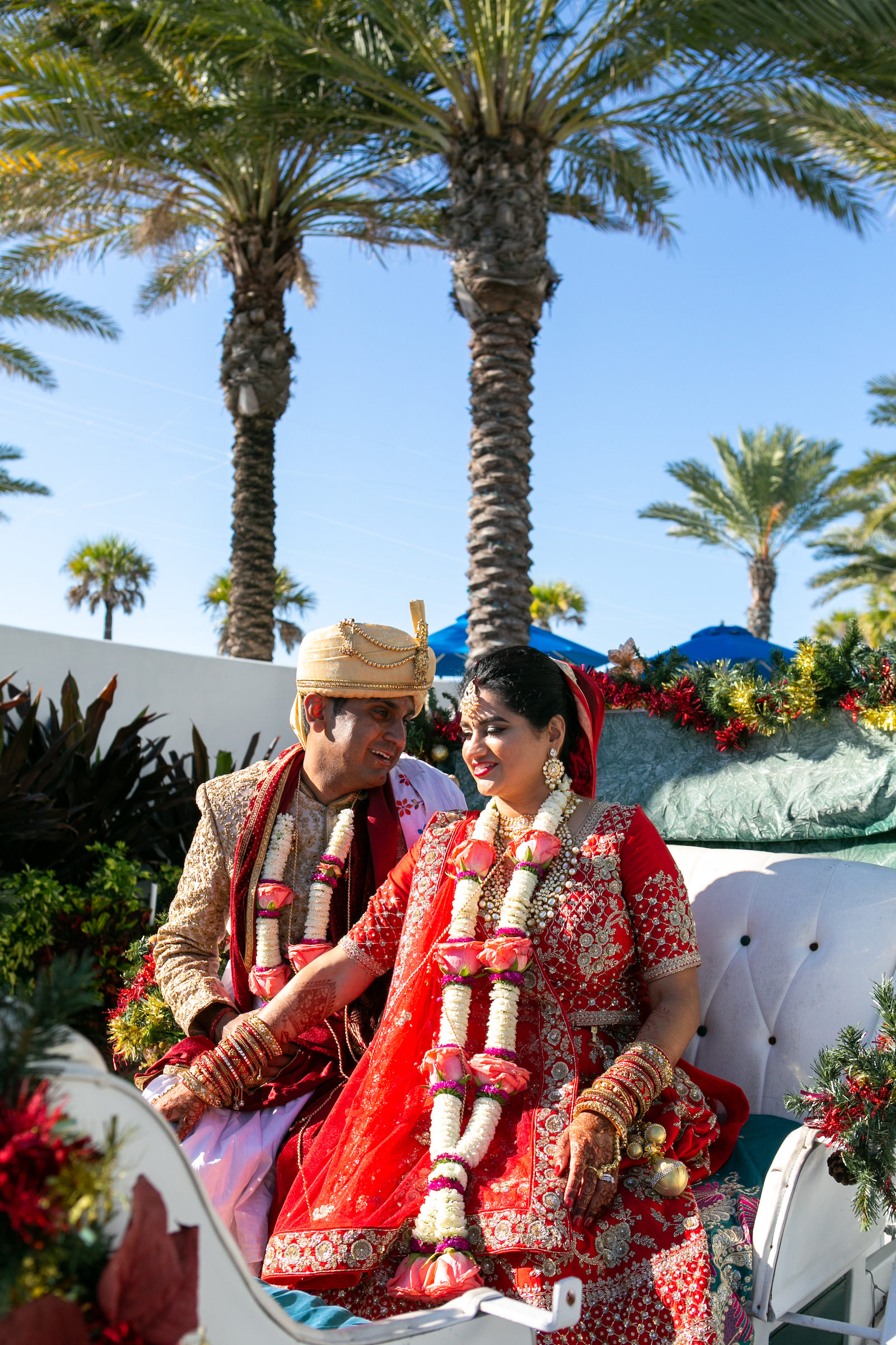 Tampa Clearwater Indian Beach Wedding Outdoor Bride and Groom Portrait with Horse and Carriage Baraat