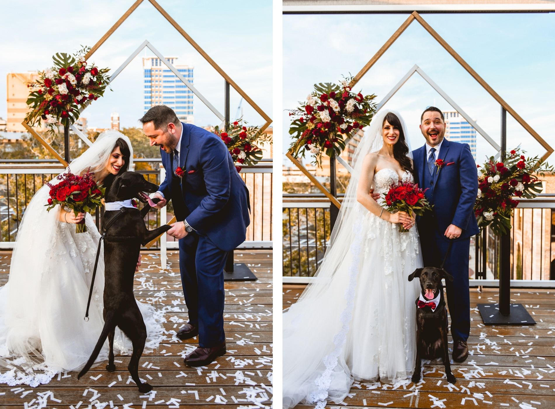 Florida Bride in Essense of Australia Strapless A-Line Wedding Dress Holding Red Floral Bouquet and Groom in Blue Suit with Dog in Red Bowtie in Front of Geometric Sculpture with Floral Arrangements | Tampa Bay Wedding Planner Special Moments Event Planning | Downtown St. Pete Rooftop Wedding Venue Red Mesa Events | Wedding Pet Planner FairyTail Pet Care