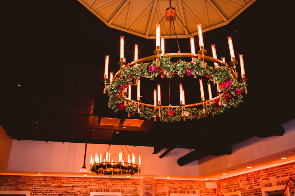 Elegant Gold Round Candle Chandelier with Greenery and Pink Roses Wreath | Tampa Bay Wedding Planner Special Moments Event Planning | Downtown St. Pete Wedding Venue Red Mesa Events
