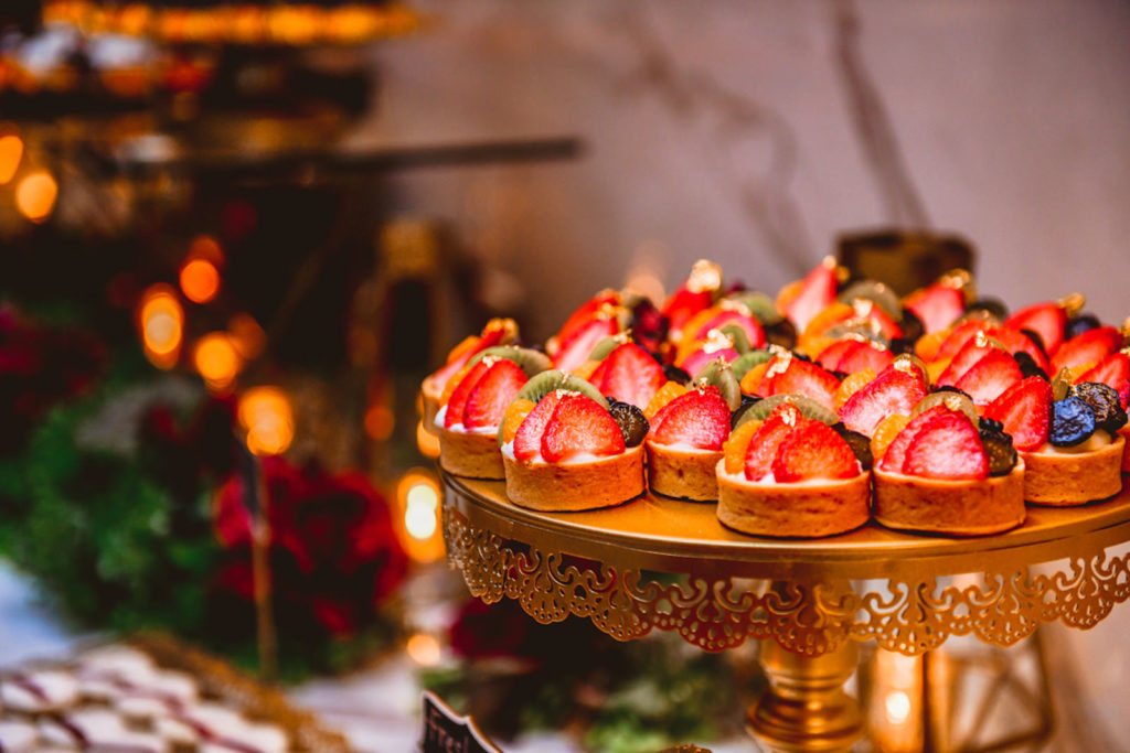 Elegant Wedding Reception Dessert Table, Mini Fruit Tarts on Gold Stand