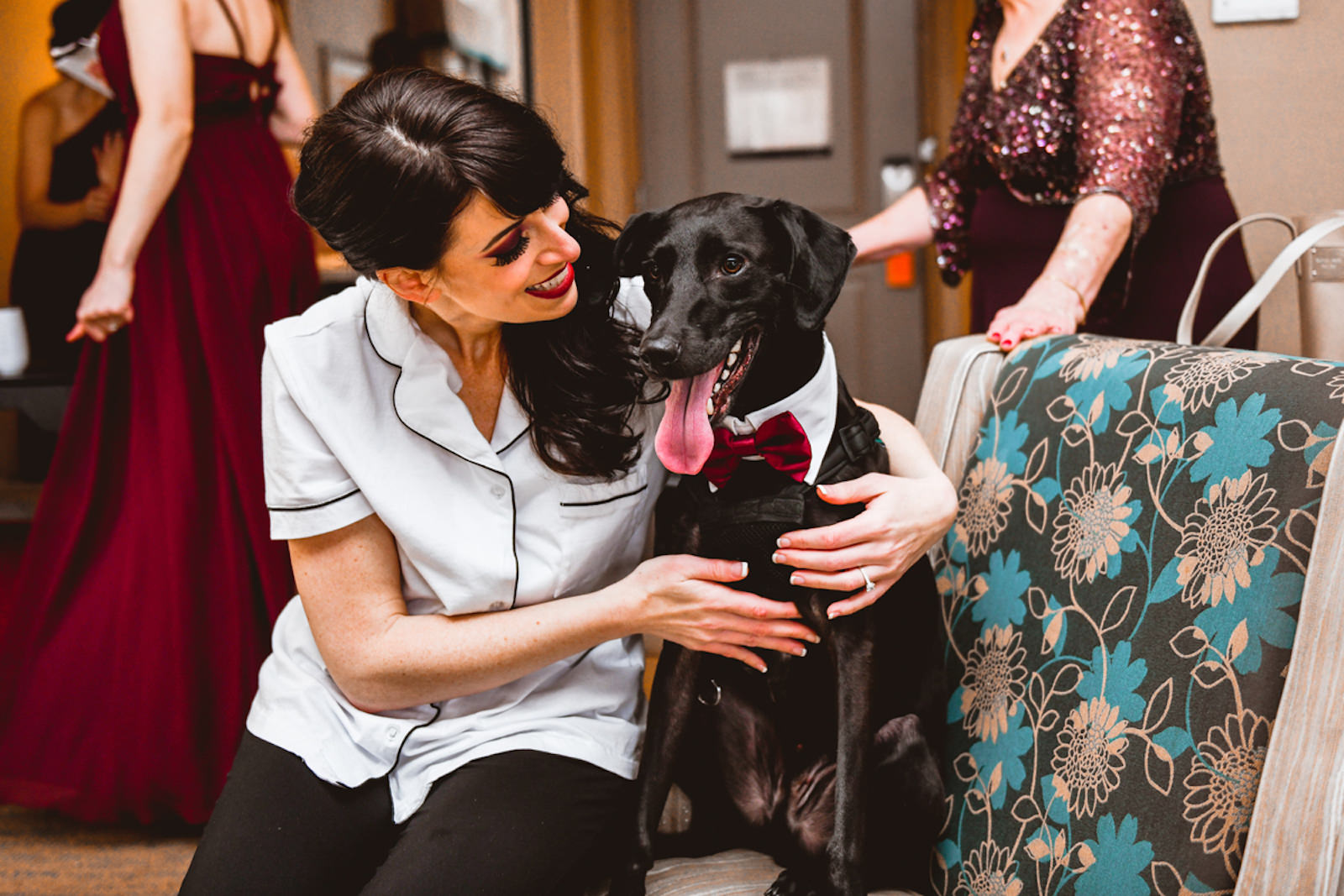Tampa Bride Getting Wedding Ready with Dog in Red Bowtie | Wedding Pet Planner FairyTail Pet Care