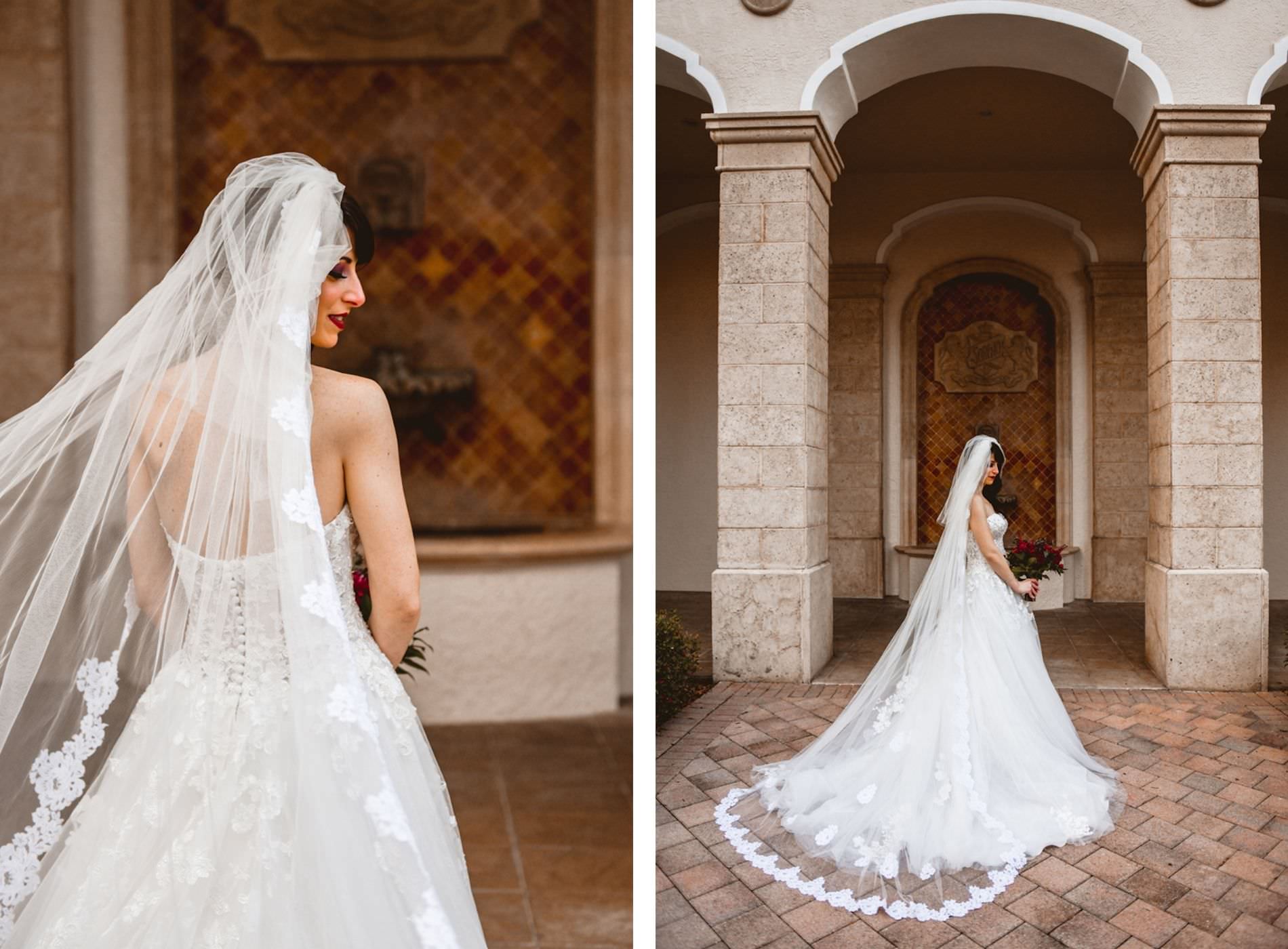 Tampa Bride in Essense of Australia Strapless Sweetheart Neckline Floral Applique and Tulle Skirt A-Line Wedding Dress Holding Red Floral Bouquet and Full Length Lace Veil Portrait
