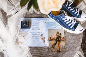 Blue Watercolor and Gold Foil Splatter Wedding Invitation, Photo Save the Date, Custom Blue Converse Sneakers with Wedding Date, Bride and Groom Wedding Bands in Ring Box
