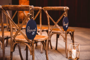 Industrial Wedding Ceremony Decor, Wooden Cross Back Chairs with Chalkboard Reserved Signs, Gold Geometric Candle Holder