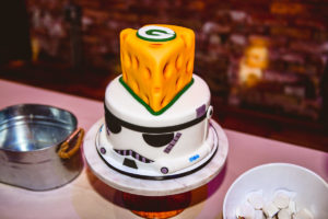 Unique Groom Wedding Cake, Star Wars Light Storm Trooper Head, Top Layer Yellow and Green Swiss Cheese Slice Green Bay Packers