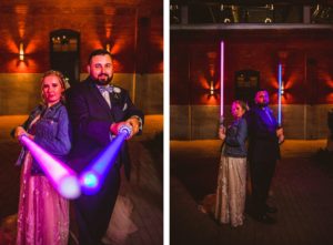 Unique and Fun Bride and Groom Wedding Photo in the Dark Holding Star Wars Light Sabers