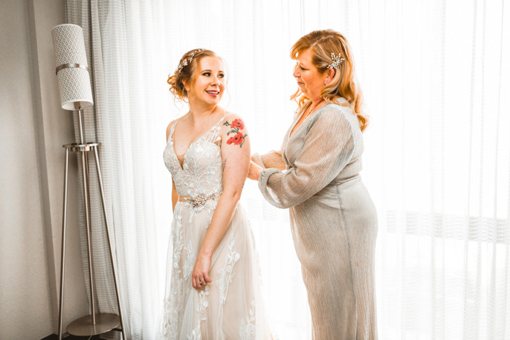Florida Bride in Lace and Tulle Flowy Boho Wedding Dress Getting Ready with Mom | Tampa Bay Wedding Hair and Makeup Femme Akoi