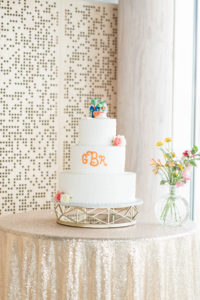 Three Tier White Wedding Cake with Orange Monogram Initials, University of Florida Gators Cake Topper