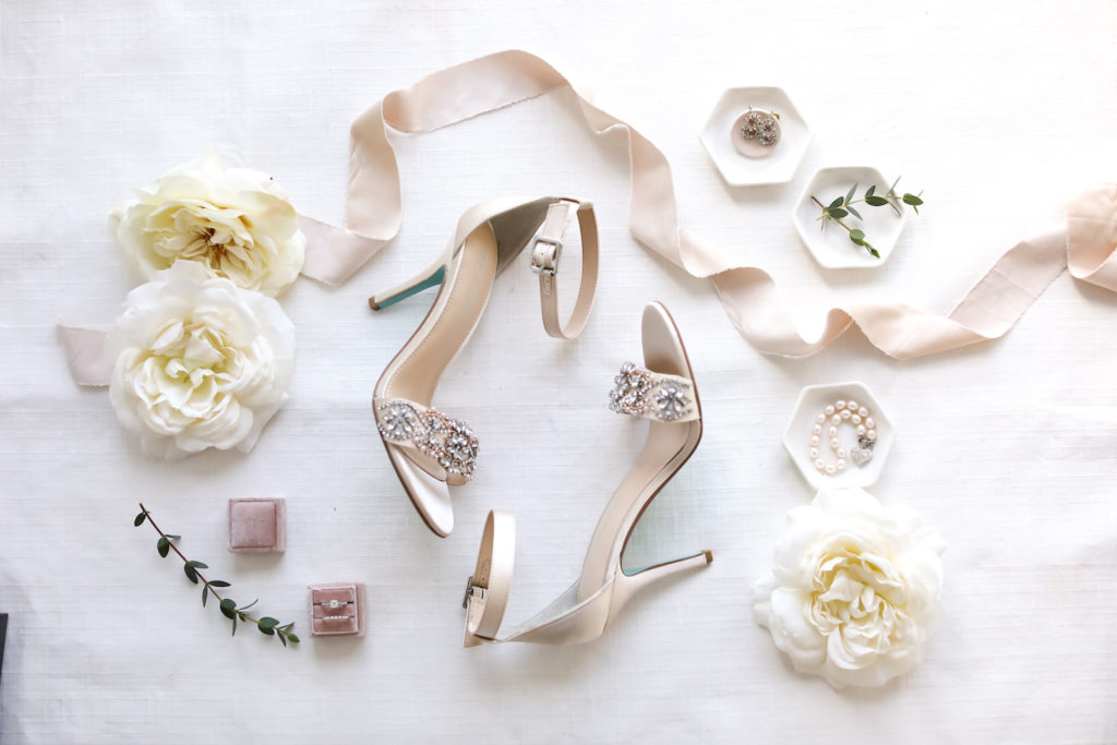 Bridal Accessories Flat Lay Wedding Photography | Blue by Betsy Johnson Designer Champagne Satin Wedding Bridal Shoes with Rhinestone Strap | Blush Pink Velvet Ring Box