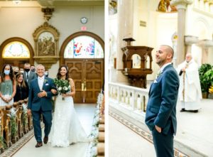 Bride Walking Down Aisle with Father during Downtown Tampa Wedding Ceremony at Sacred Heart Catholic Church | Church Ceremony Aisle with Greenery | Father of the Bride and Groom Wearing Classic Navy Suit