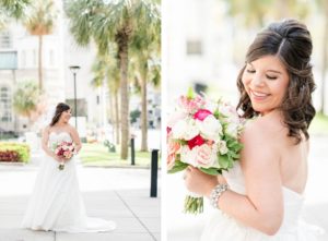 Classic Makeup and Half Updo Bride in Strapless A-Line Wedding Dress Holding White, Pink and Red Roses Floral Bouquet | Tampa Bay Wedding Hair and Makeup Adore Bridal