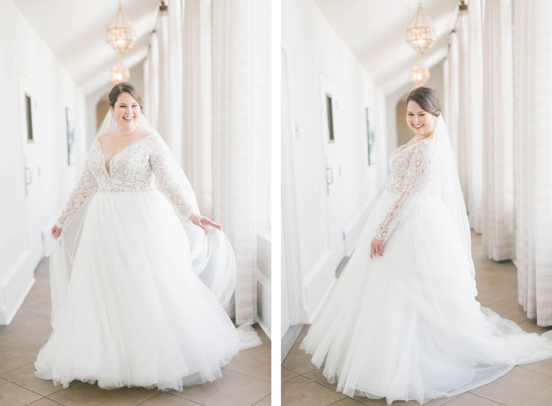 St. Pete Bride Twirling in Lace and Illusion V Neckline Long Sleeve A-Line Tulle Skirt Wedding Dress