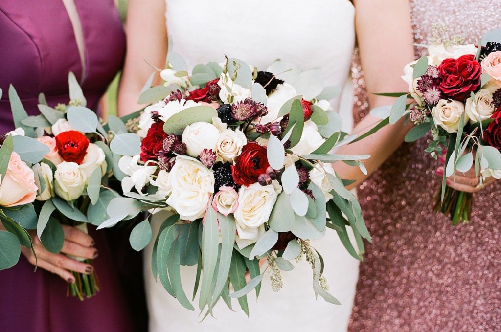 Burgundy Wine Bordeaux Red and White Bouquets with Roses, Cosmos, Renunculus, Chrysanthemums, and Eucalyptus Greenery by Tampa Wedding Florist Brides N Blooms | Florida Fall Autumn Wedding