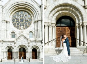 Bride and Groom Portrait on Steps of Sacred Heart Catholic Church in Downtown Tampa | Lace Strapless Sweetheart Scalloped Edge Train Wedding Dress Bridal Gown | Groom Wearing Classic Navy Suit