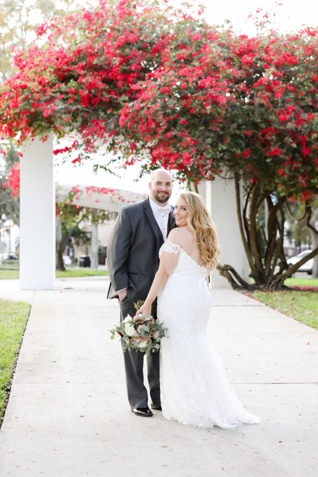 Classic Bride in Off the Shoulder Lace Wedding Dress with Groom, Pink Flower Trees | Downtown St. Pete Wedding Venue The Birchwood | Wedding Photographer Lifelong Photography Studio