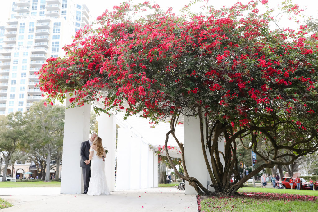 Classic Bride in Off the Shoulder Lace Wedding Dress with Groom, Pink Flower Trees | Downtown St. Pete Wedding Venue The Birchwood | Wedding Photographer Lifelong Photography Studio