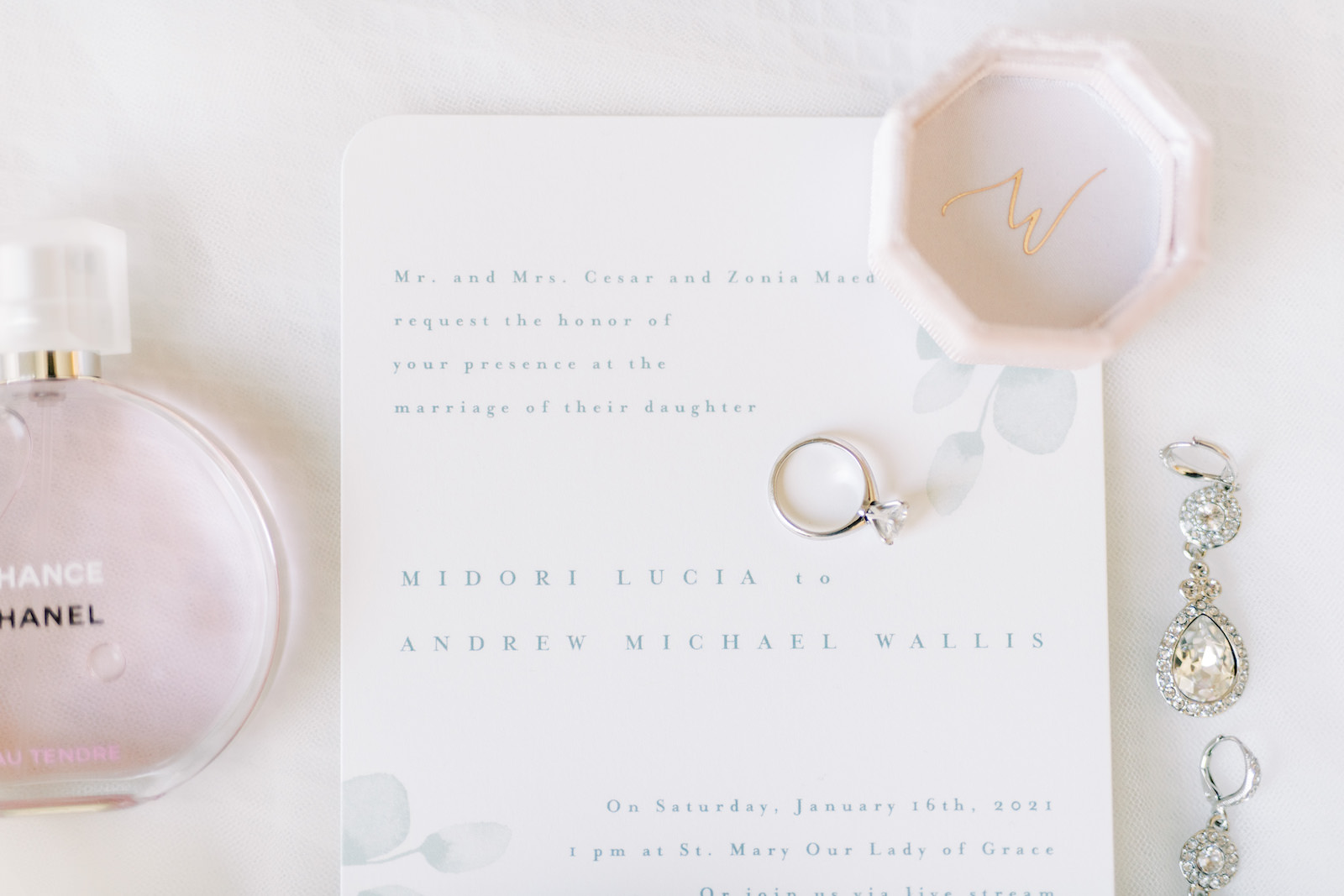 White and Dusty Blue Wedding Invitation, Engagement Ring, Chanel Perfume Bottle, Diamond Drop Earrings | Tampa Bay Wedding Photographer Kera Photography