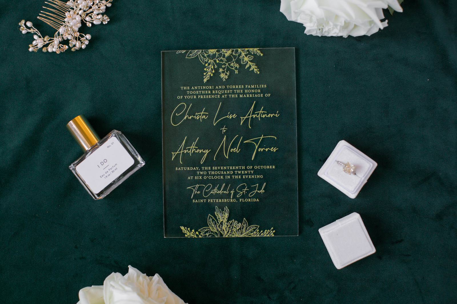 Elegant Acrylic and Gold Script Wedding Invitation, Diamond Engagement Ring in Blush Pink Ring Box