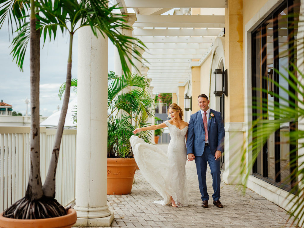 Tampa Bride in Romantic Lace Off the Shoulder Wedding Dress and Groom in Blue Suit