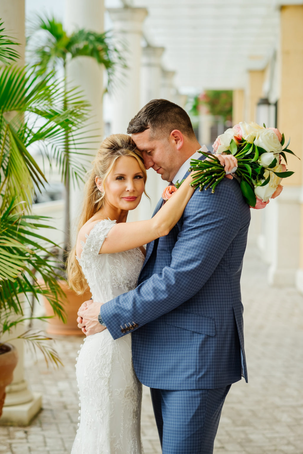 Tampa Bride in Romantic Lace Wedding Dress and Groom in Blue Suit