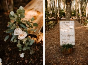Rustic Outdoor Plant City Wedding Choose A Seat Not A Side Sign and Wood Bench Aisle Arrangement with White Rose and Eucalyptus Greenery