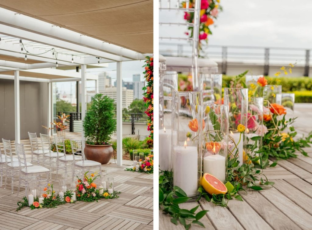 Moroccan Inspired Wedding Elopement Decor, Chiavari Chairs, Colorful Red, Orange and Yellow Flowers, Grapefruits and Greenery, Candles in Hurricane Glass Tumblers | Tampa Bay Wedding Venue Rooftop 220 at Armature Works | Wedding Planner UNIQUE Weddings + Events | Wedding Rentals Kate Ryan Event Rentals