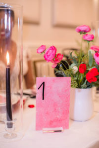Ombre Pink and Red Watercolor Table Number Card with Valentine Inspired Florals in White Vase | EventFull Weddings