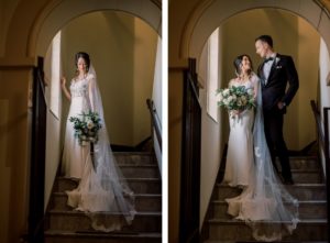 Florida Bride in Wtoo by Watters Lace and Illusion Crepe Wedding Dress Holding White and Greenery Floral Bouquet, Groom in Black Tux | Tampa Bay Wedding Photographer Kera Photography