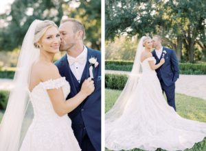 Timeless Florida Bride Wearing Floral Lace Over Tulle Off the Shoulder Allure Couture Ballgown Wedding Dress, Groom in Blue Tuxedo and Ivory Bowtie | Tampa Bay Wedding Hair and Makeup Artist Femme Akoi Beauty Studio