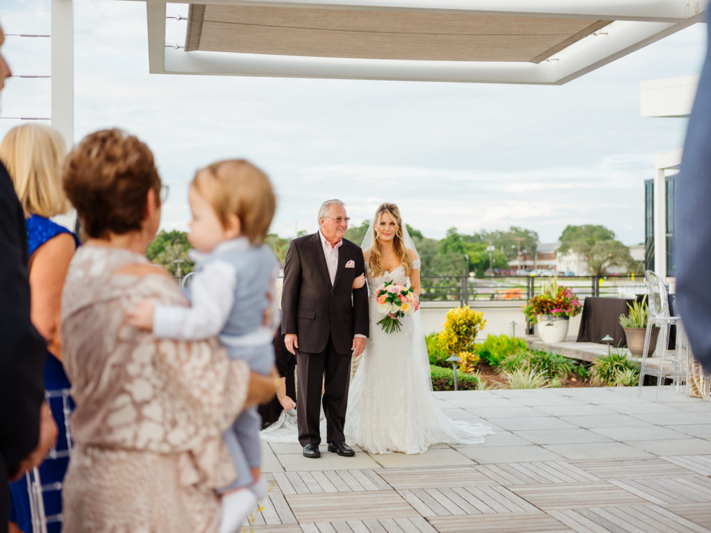 Bride with Father Before Walking Down the Wedding Ceremony Aisle | Tampa Bay Wedding Venue Rooftop 220 at Armature Works