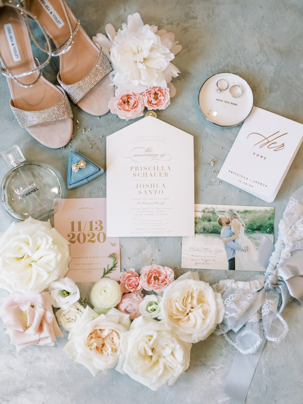 Romantic Timeless Wedding Invitation Suite, Blush Pink and Gold, Ivory Roses, Peep Toe Rhinestone Wedding Shoes, Bridal Accessories