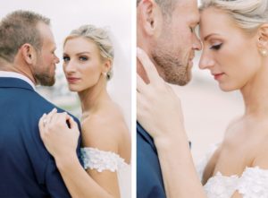 Timeless Portrait of Florida Bride Wearing Floral Lace Over Tulle Off the Shoulder Allure Couture Ballgown Wedding Dress, Groom in Blue Tuxedo and Ivory Bowtie | Tampa Bay Wedding Hair and Makeup Artist Femme Akoi Beauty Studio