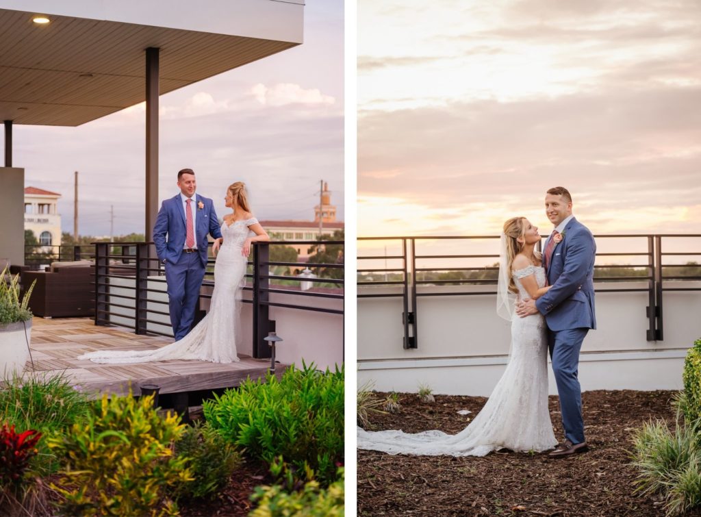Florida Bride and Groom Sunset Photos on Tampa Wedding Venue Rooftop 220 at Armature Works